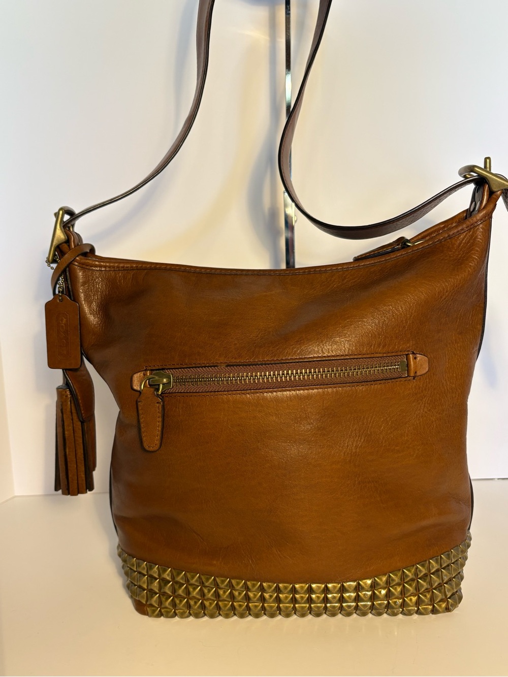 COACH Tan Leather Stud-Trim Shoulder Bag with Tassel - Picture 2 of 10